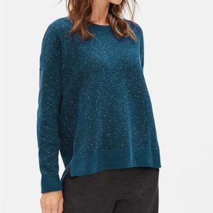 Eileen Fisher Crewneck Boxy Tweedy Cotton Teal White Flecks Sweater